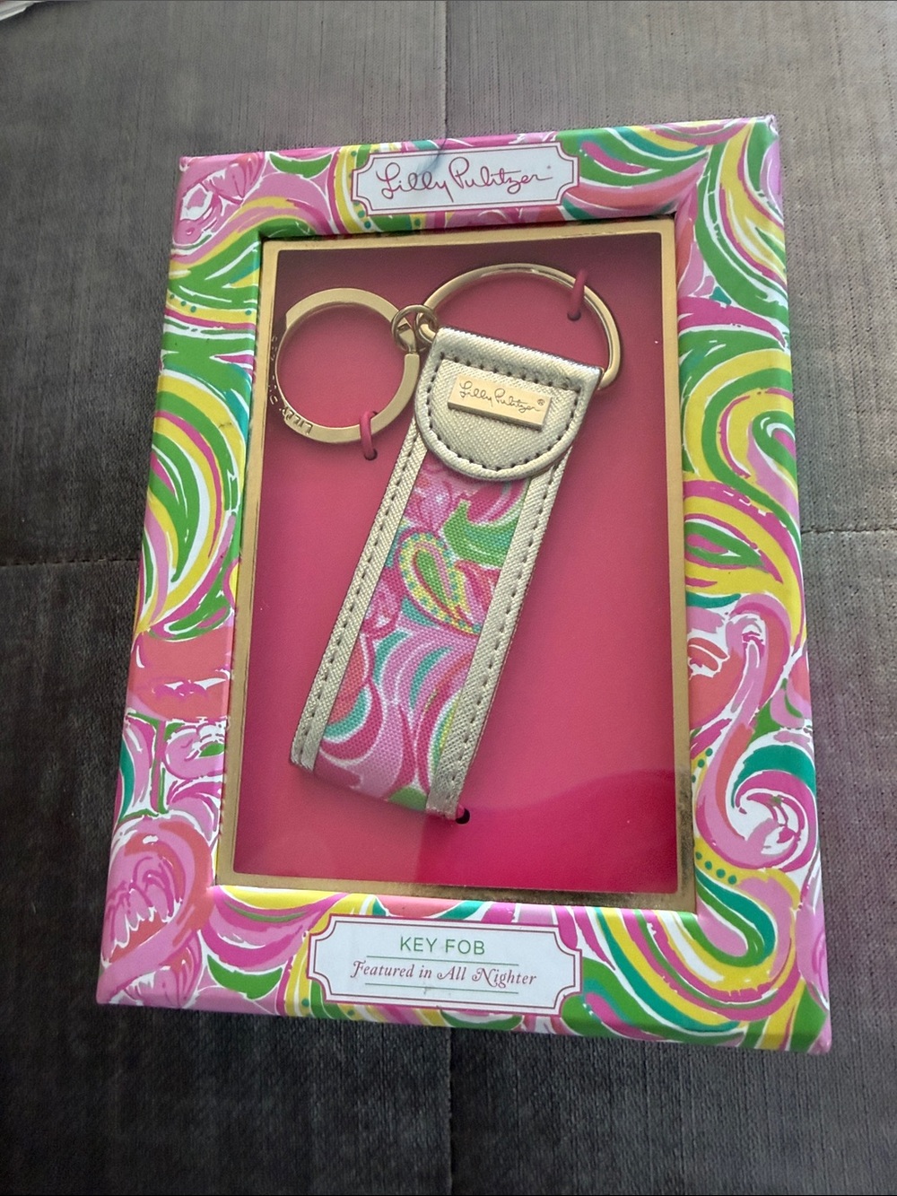 Lilly Pulitzer Pink Multicolor Printed Key Fob with Gold Hardware. NEW